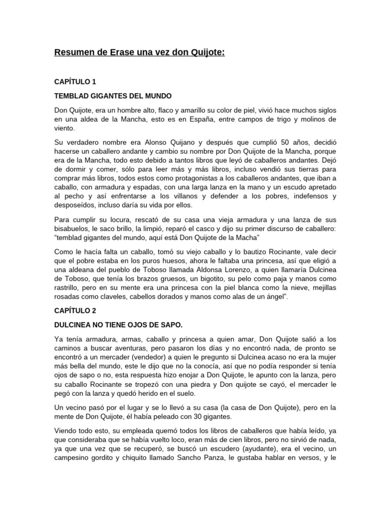 Resumen de Don Quijote de la Mancha | PDF | Don Quijote | Caballero