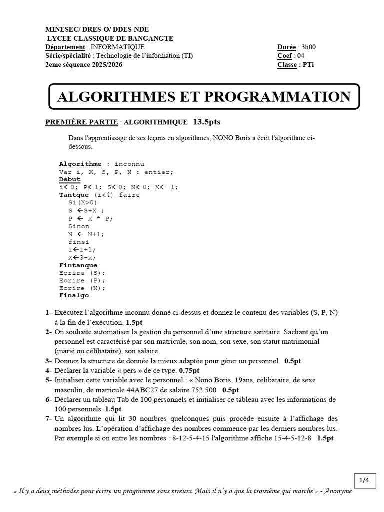 Algorithmes et Programmation en C | PDF | Paramètre (Programmation ...