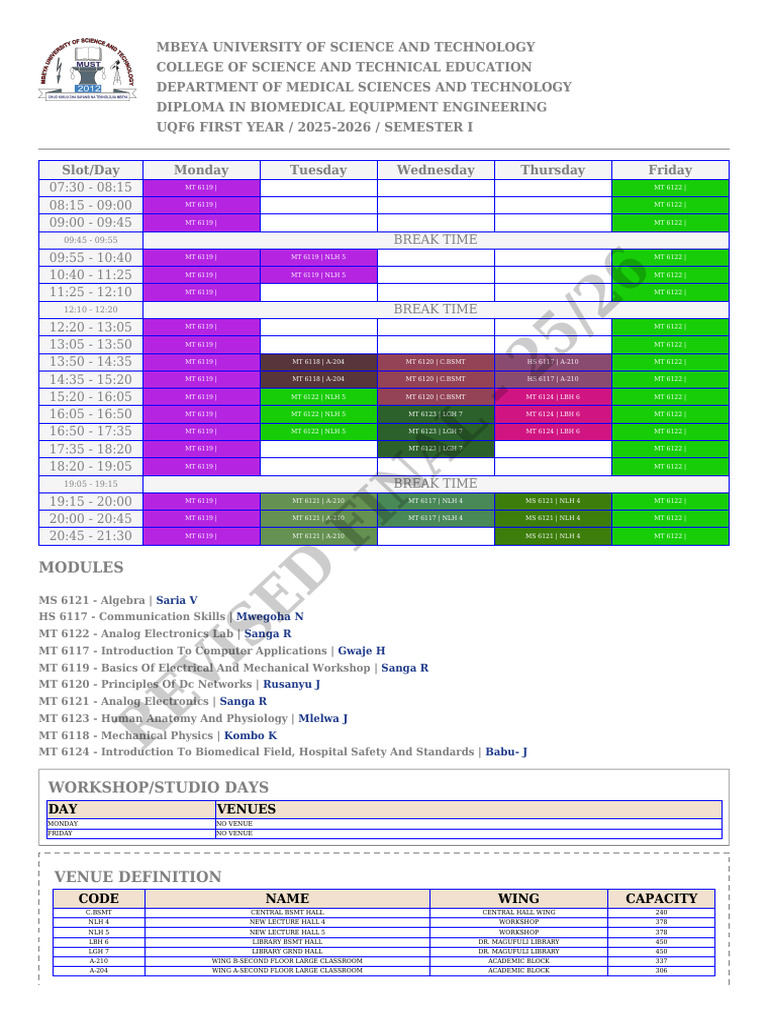 Mbeya University Biomedical Engineering Timetable | PDF | Libraries ...
