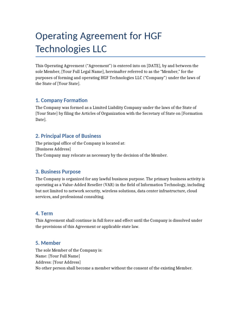 HGF Technologies LLC Operating Agreement | PDF | Indemnity | Business