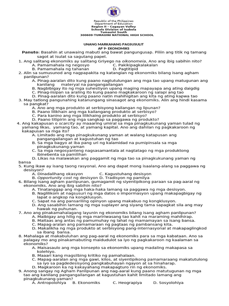 1st Quarter Exam Final AP 9 | PDF