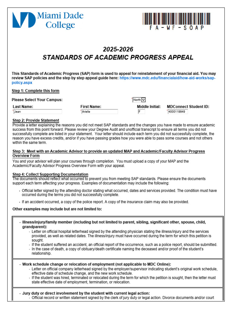 SAP Financial Aid Appeal Form 2025-2026 | PDF