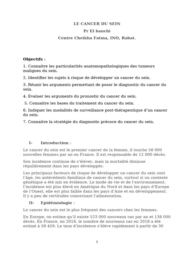 Cancer Du Sein Cours Pr EL Hanchi Centre Cheikha Fatma, InO, Rabat ...