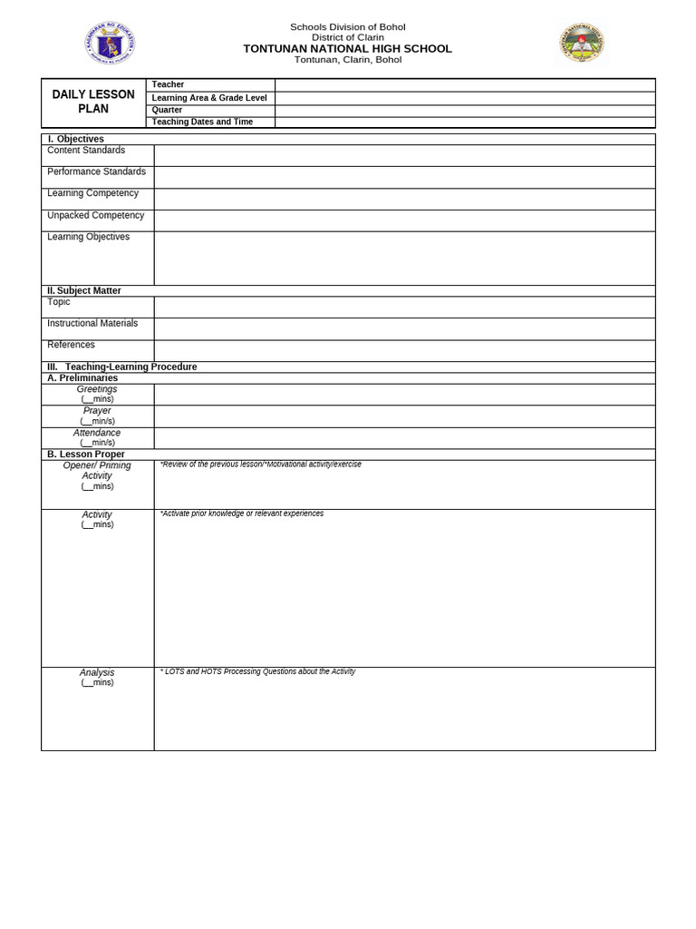 TNHS Final Lesson Plan Template | PDF | Learning | Lesson Plan