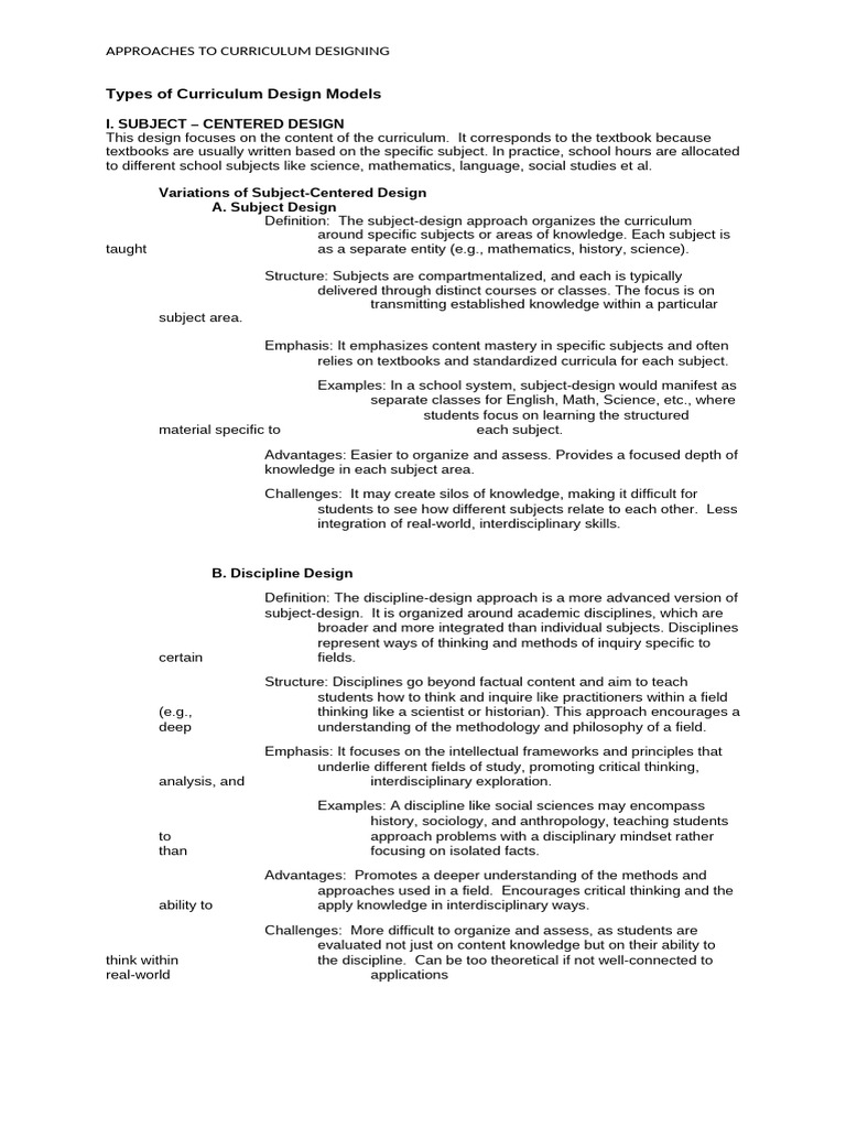 Curriculum Design Approaches Explained | PDF | Curriculum | Humanistic ...