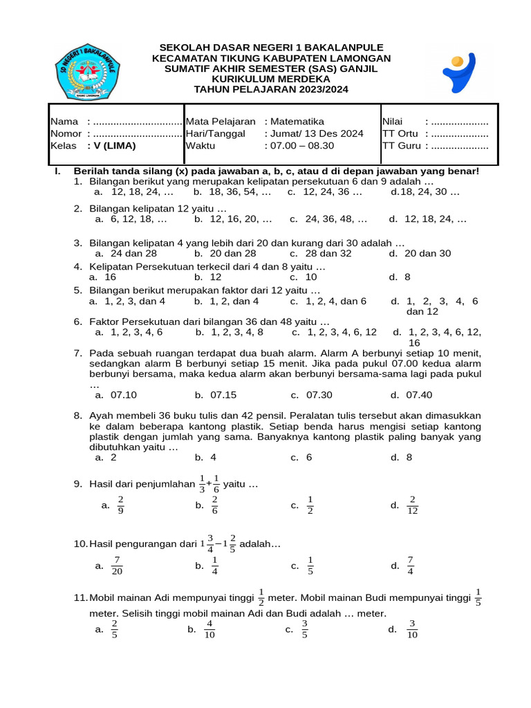 Soal Matematika Kelas 5 Kurikulum Merdeka | PDF