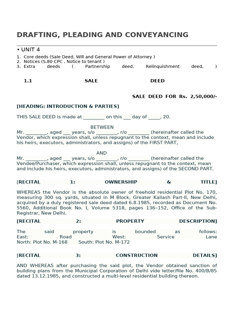 Sale Deed and Will Drafting Guide | PDF | Leasehold Estate | Lease