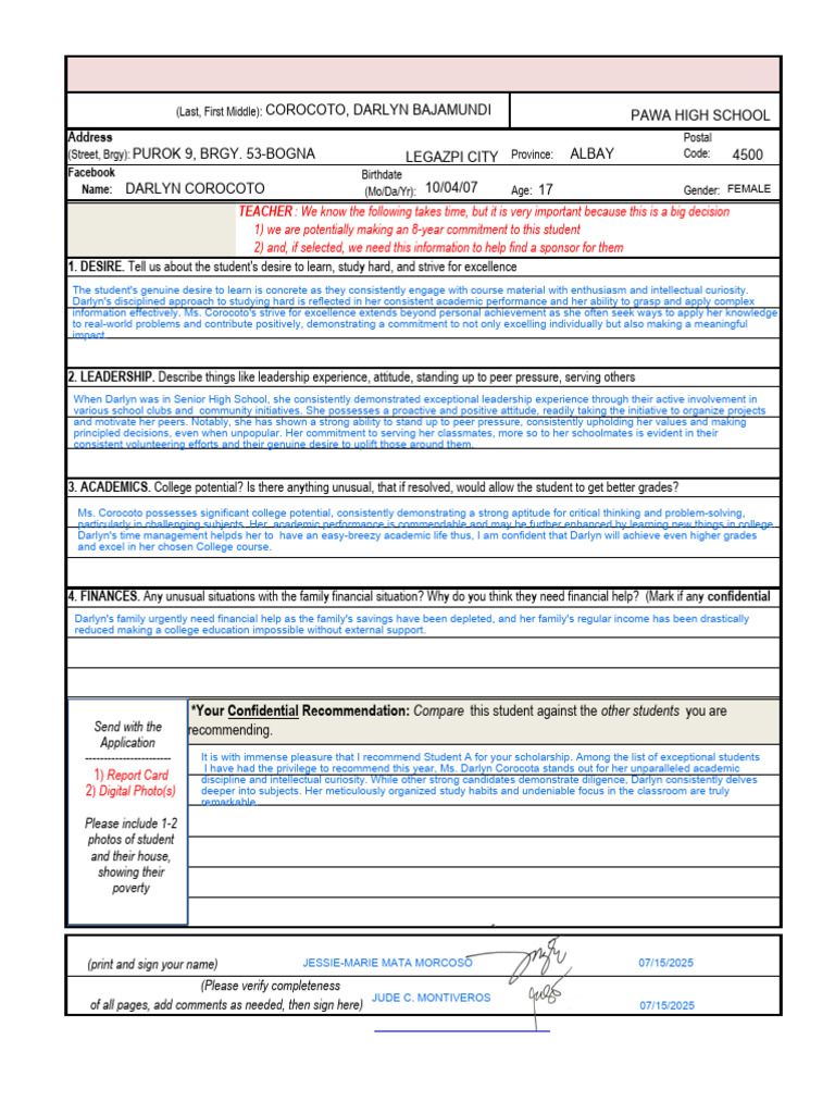 Application p1 p2 HS Coll Sy2025 26 DarlynCorocoto | PDF | Leadership
