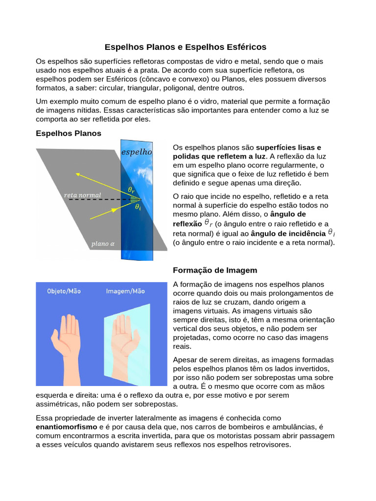 Espelhos: Planos e Esféricos Explicados | PDF | Espelho | Reflexão (Física)