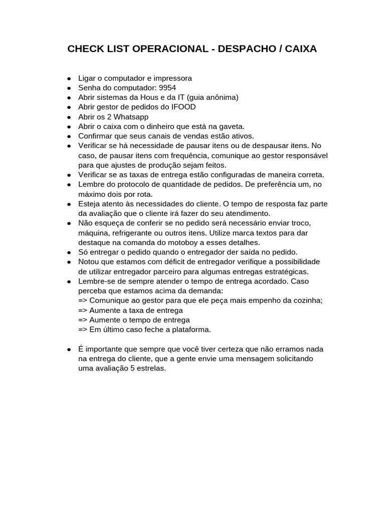 Checklist Operacional de Despacho e Caixa | PDF