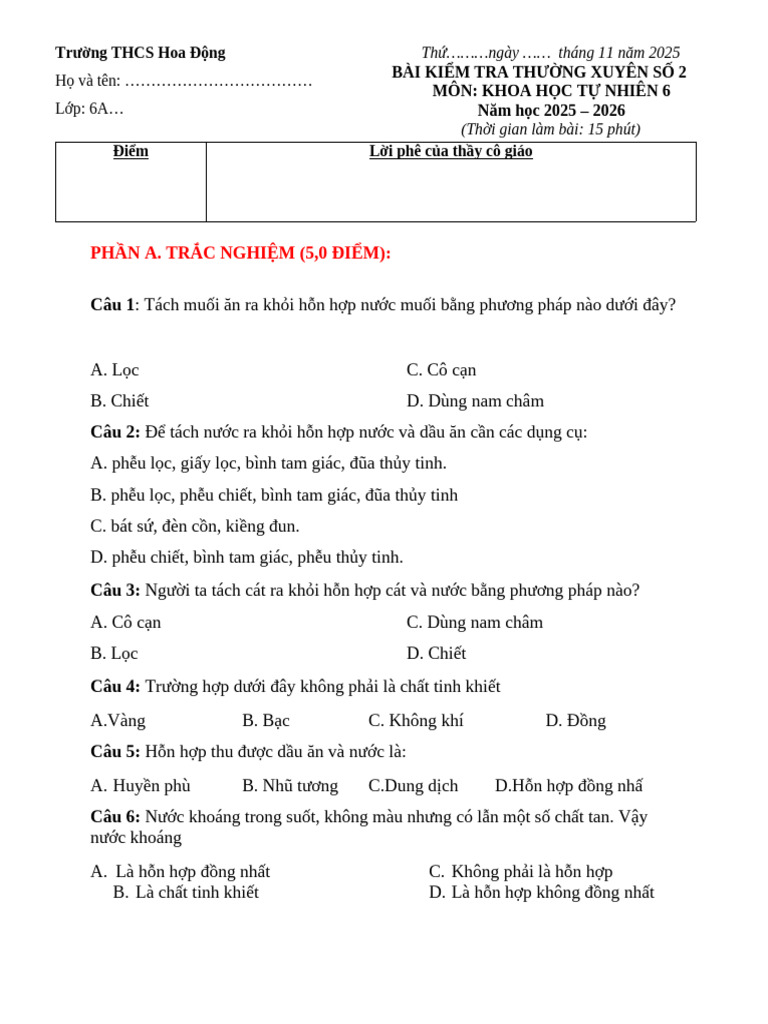 BÀI khtn 6 kiểm tra 15 số 2 | PDF