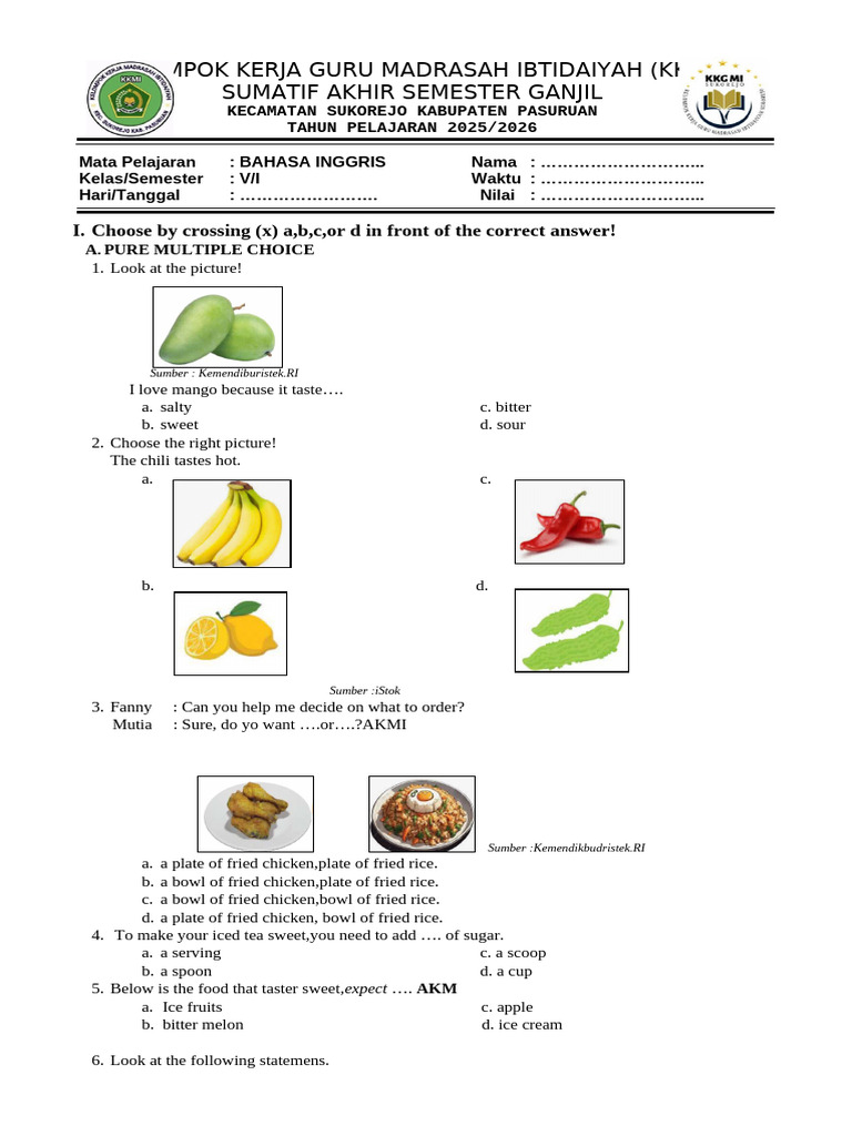 Asesmen I.b.inggris Kls 5 SMT 1 | PDF | Foods