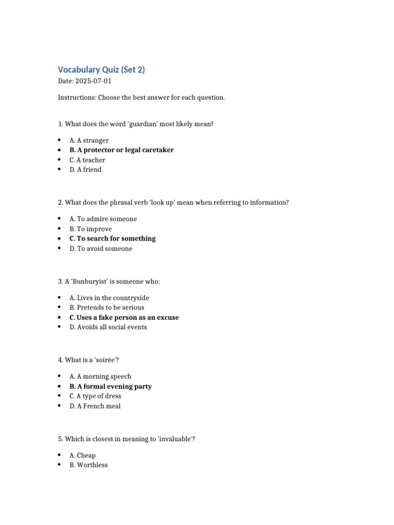 Vocabulary Quiz Set 2 | PDF
