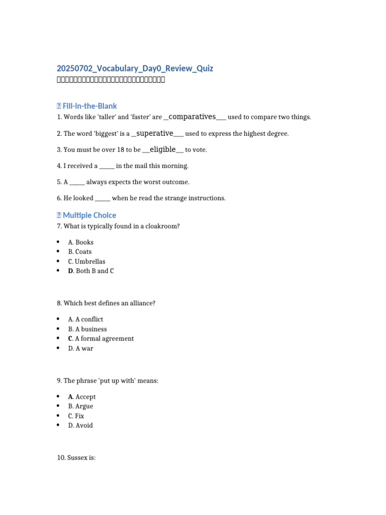 Vocabulary Day0 Review Quiz | PDF