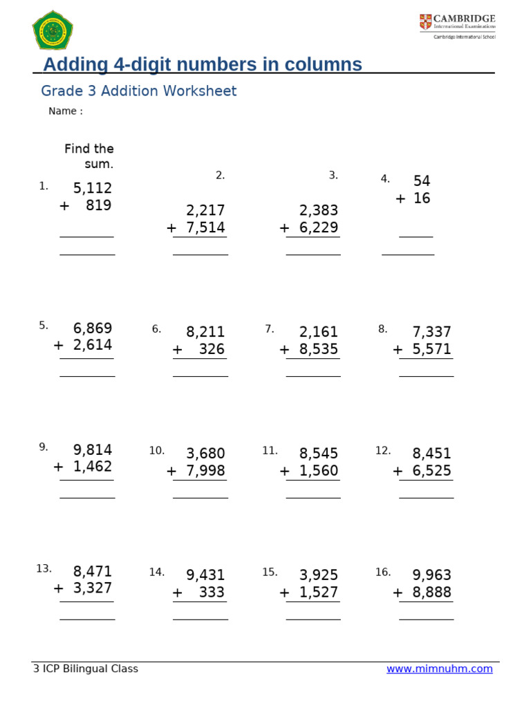 Grade 3 4-Digit Addition Worksheet | PDF | Chess | Chess Theory