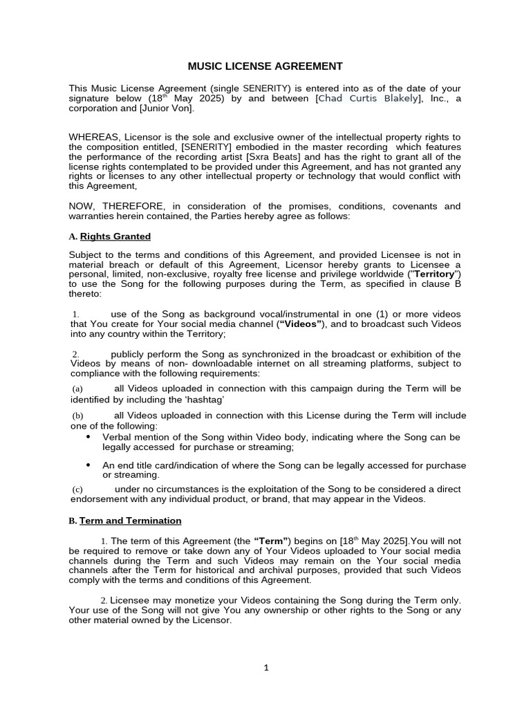 Music License Agreement for SENERITY | PDF | License | Damages