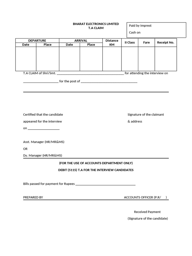 T.A Claim Form for Interview Candidates | PDF
