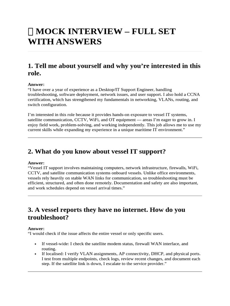 Maritime IT Support Mock Interview Guide | PDF | Computer Network ...