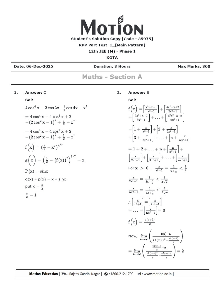 JEE 12th Maths Test Solutions - Kota | PDF | Mathematical Analysis