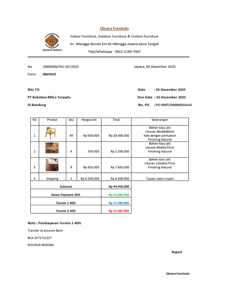 Invoice Termin 1 Furniture Rinjani PO-BMT-16616 | PDF