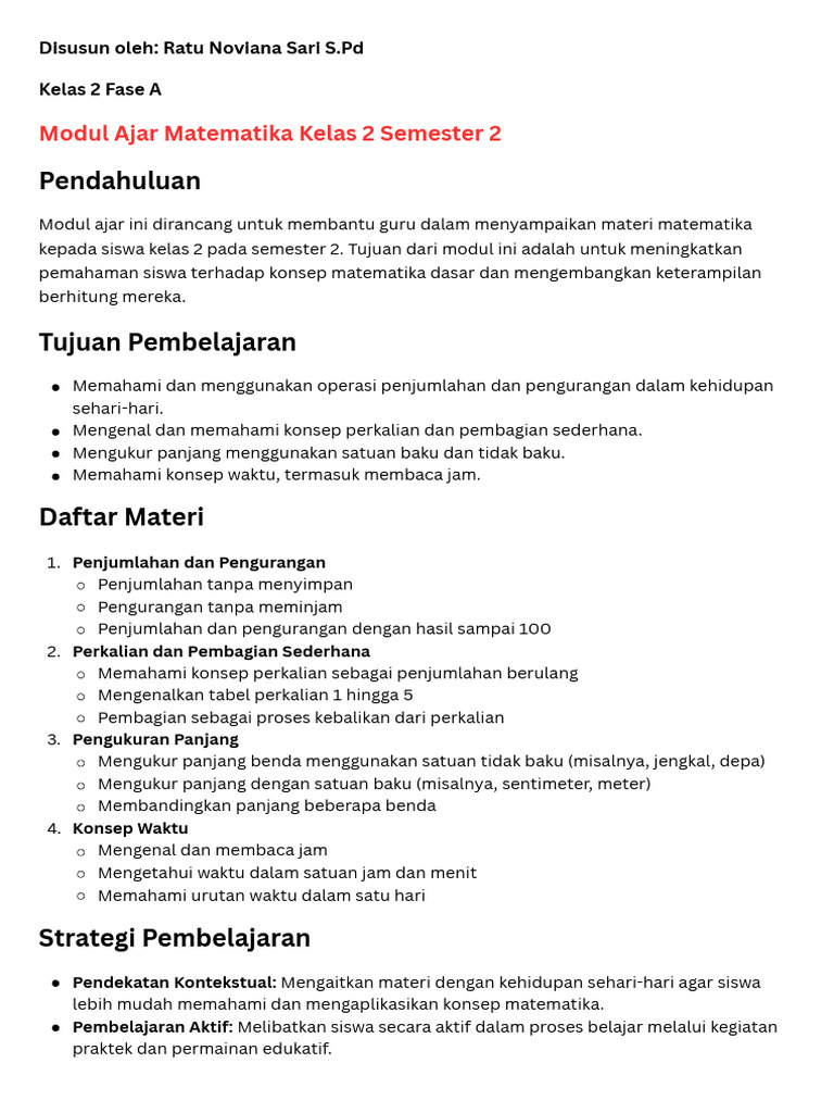 Modul Ajar Matematika Kelas 2 Semester 2 | PDF