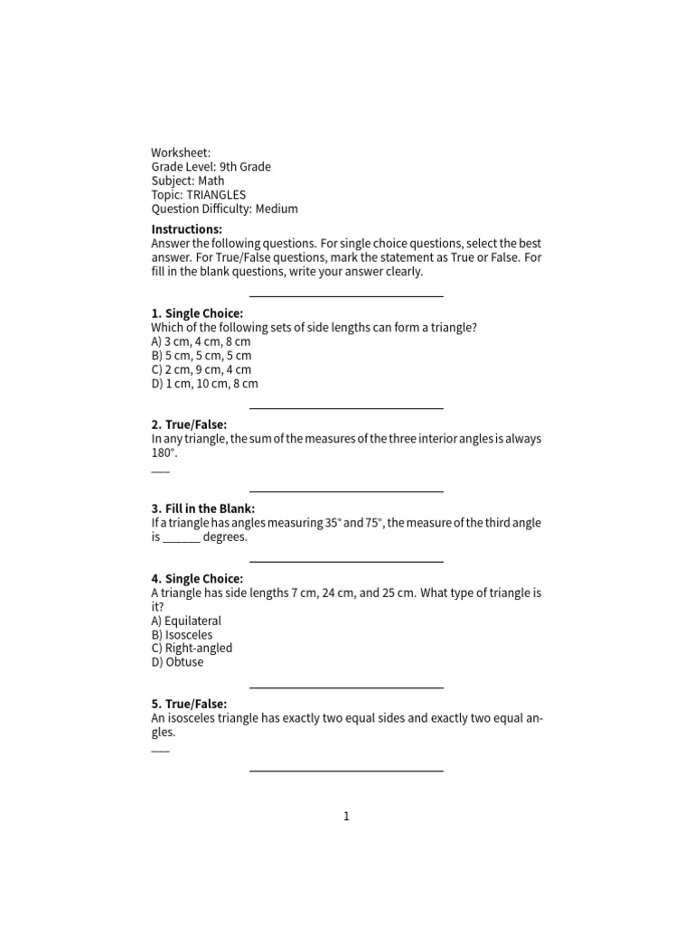 9th Grade Math Worksheet on Triangles | PDF | Triangle | Elementary ...