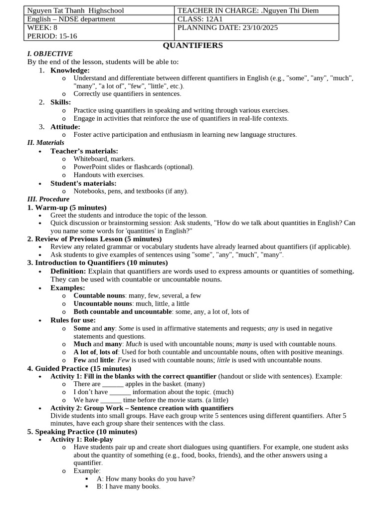 Mastering English Quantifiers in Class | PDF | English Language | Noun