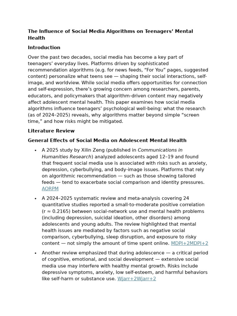 Social Media Algorithms' Impact on Teen Mental Health | PDF ...
