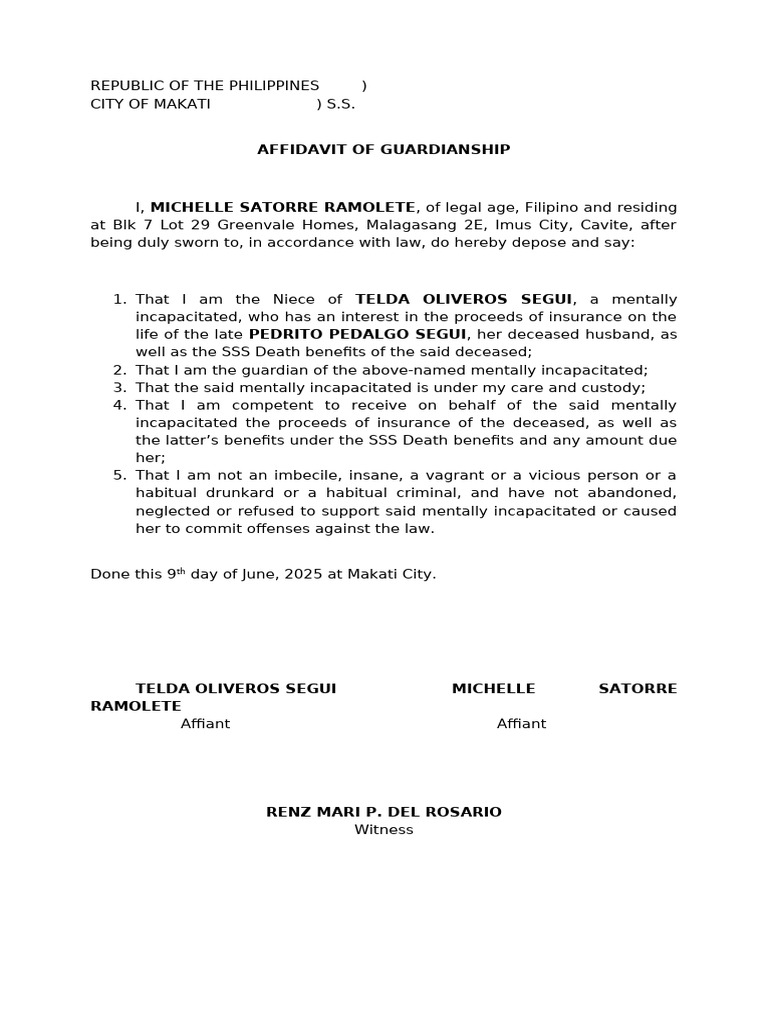 Affidavit of Guardianship in Makati | PDF | Affidavit | Civil Law ...