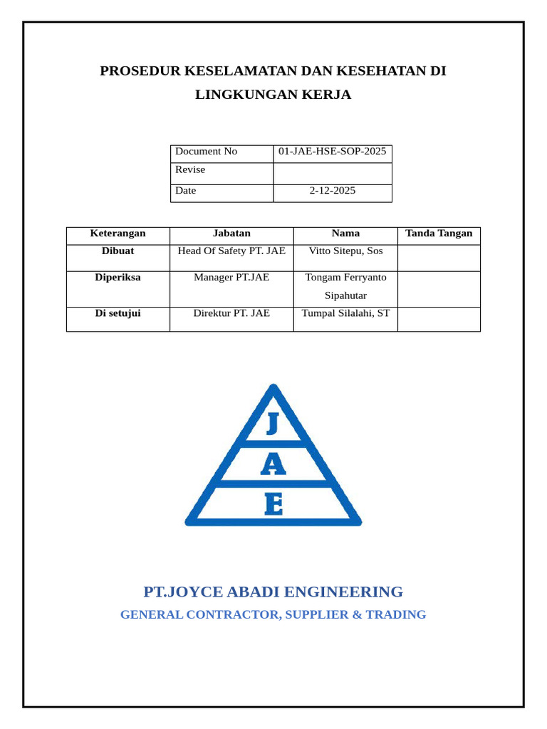 Prosedur K3 di PT Joyce Abadi Engineering | PDF