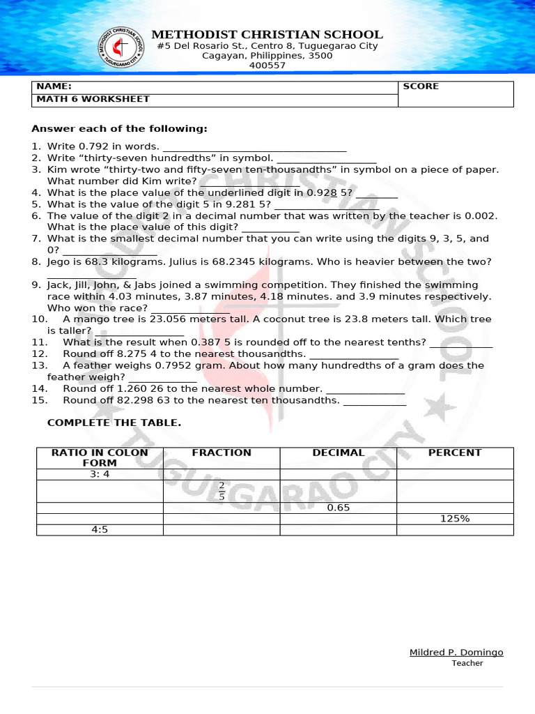 MATH 6 Worksheet - Copy | PDF