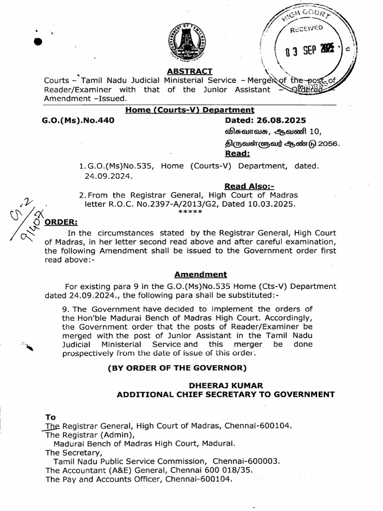 G.O. (MS.) 440, Home (Courts-V) Department, Dated 26.08.2025 Amendment ...