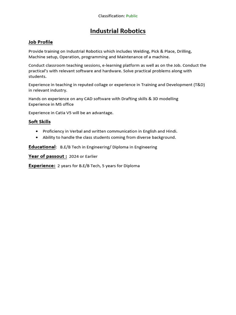 Industrial Robotics Training Job Profile | PDF
