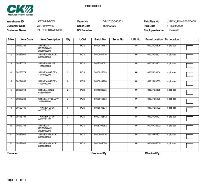 Warehouse Pick Sheet Details | PDF