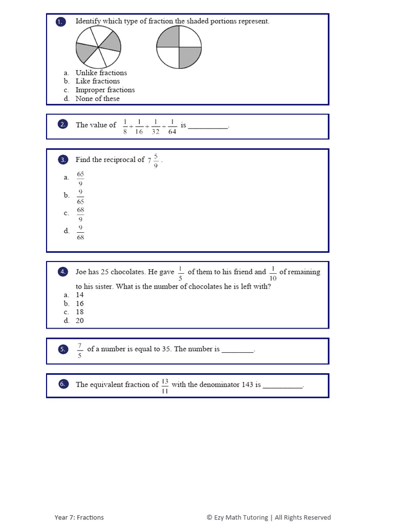 Year 7 Maths Test - Fractions - Questions | PDF