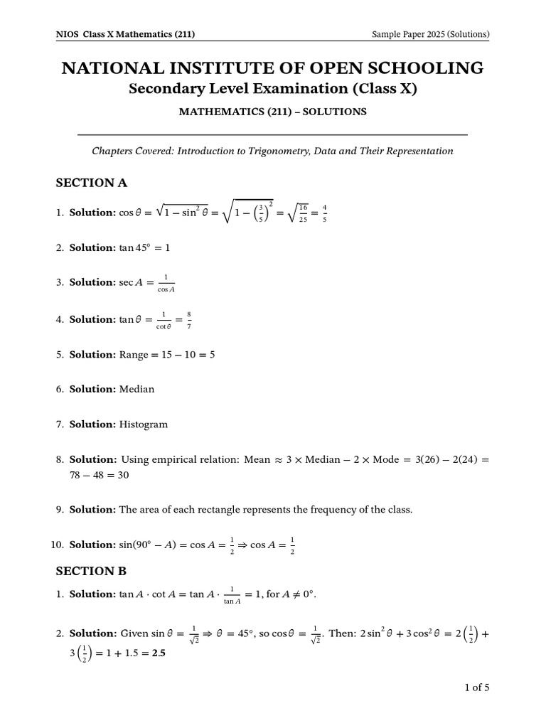 NIOS Class X Math Sample Paper 2025 Solutions | PDF