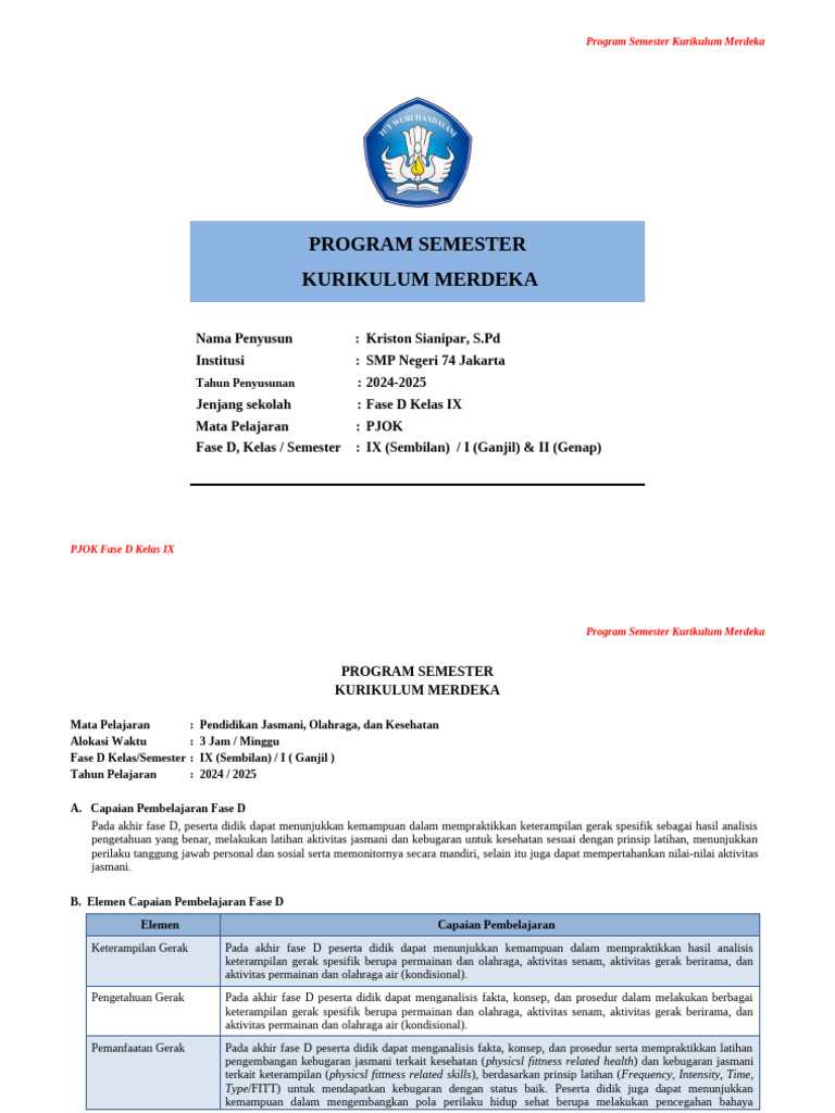 Program Semester PJOK Kelas IX 2024-2025 | PDF