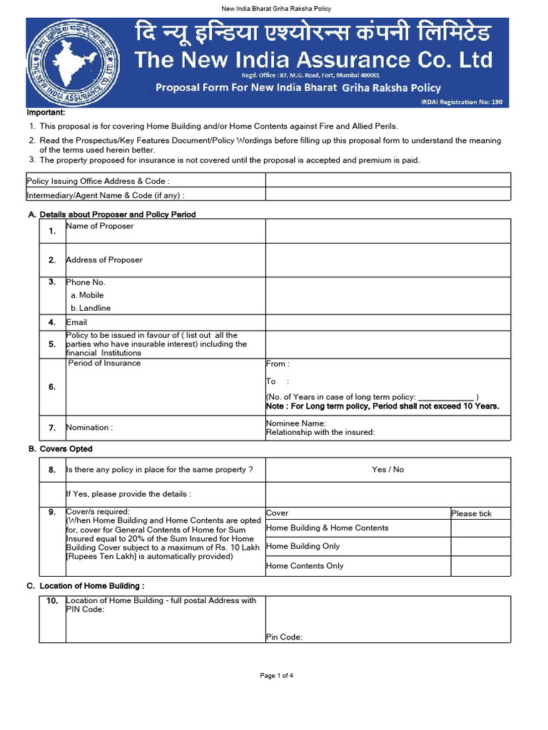 New India Home Insurance Proposal Form | PDF | Insurance | Building