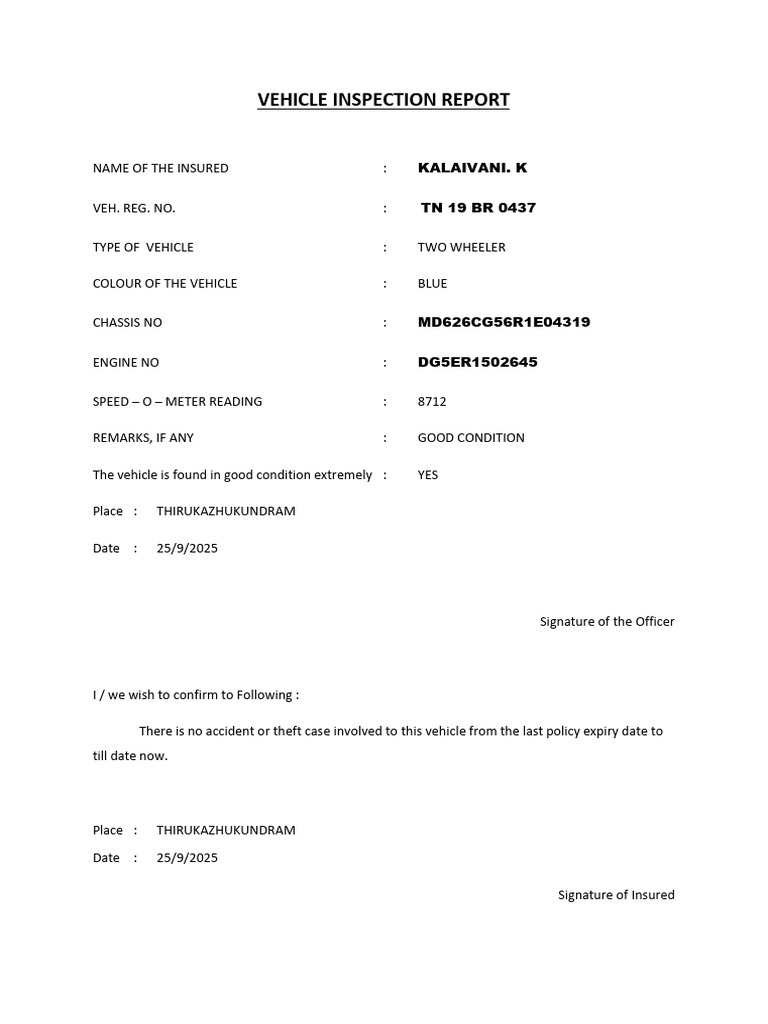 Vehicle Inspection Report Tn19br0437 | PDF