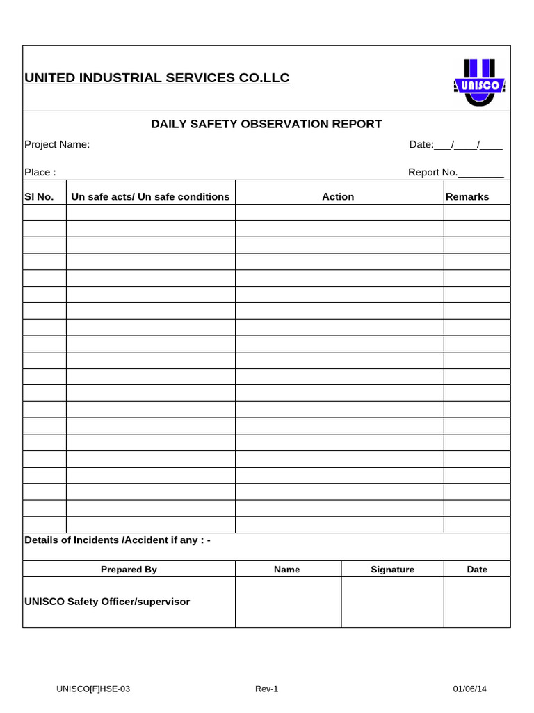 Daily Safety Observation Report Template | PDF