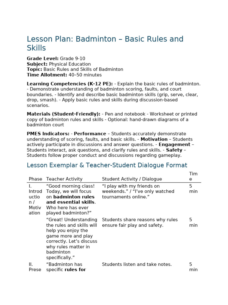 Badminton Basics: Rules & Skills Lesson | PDF | Learning | Cognition