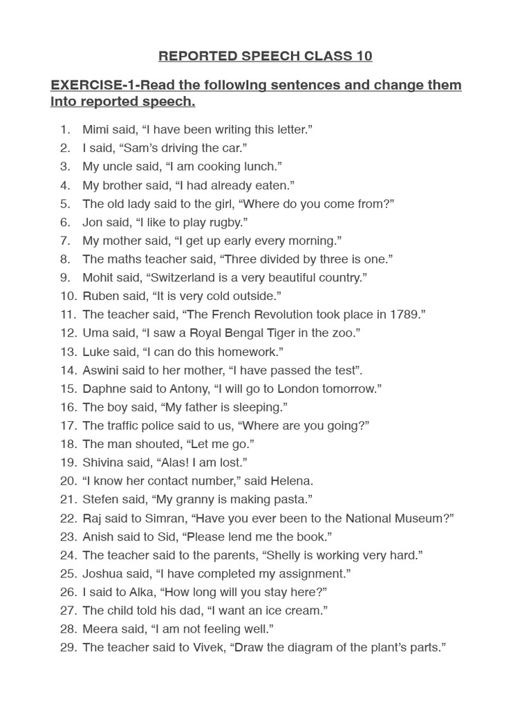Reported Speech Exercises for Class 10 | PDF