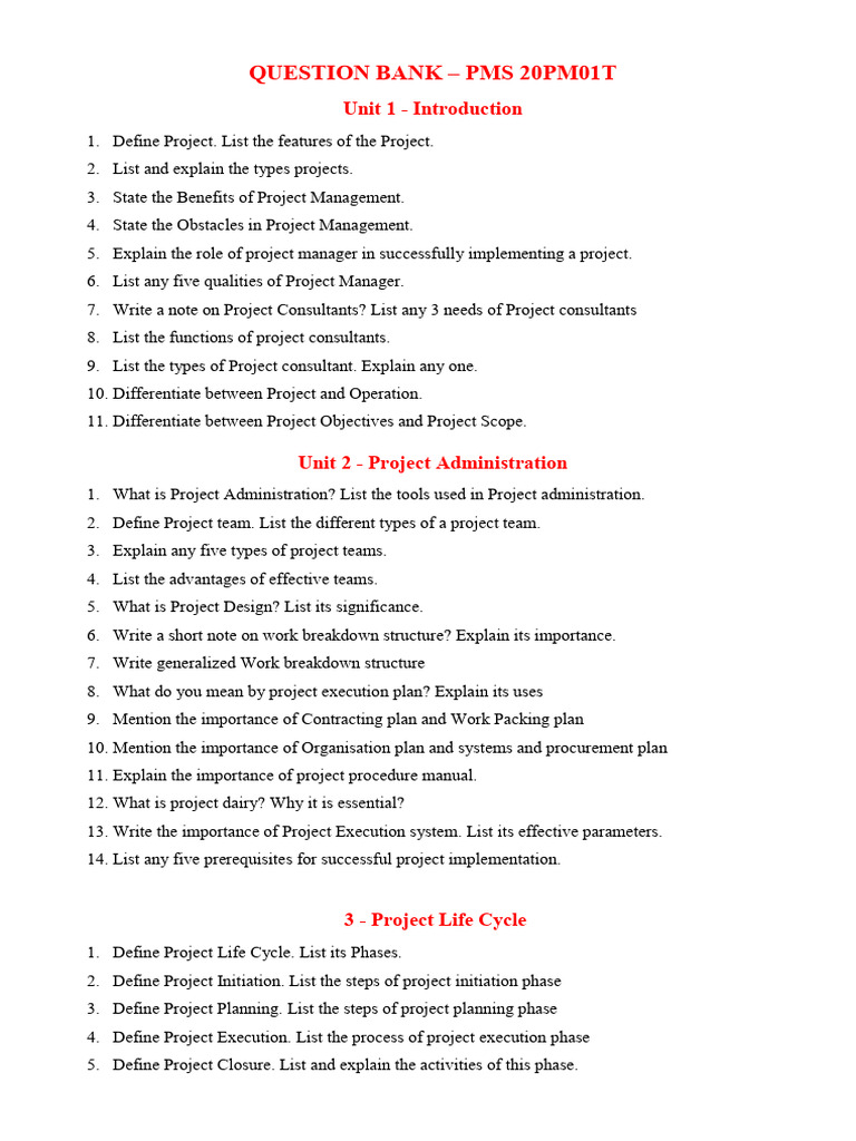 Project Management Question Bank Guide | PDF | Business