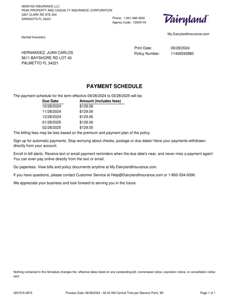 Amistad Insurance Payment Schedule | PDF