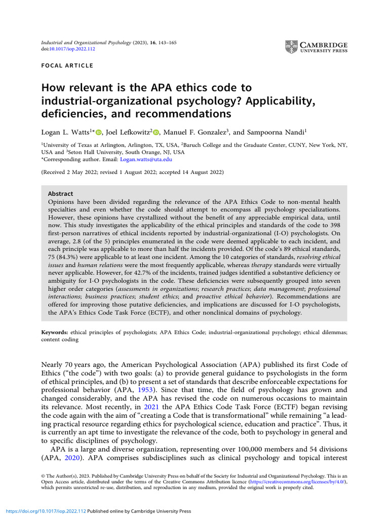 APA Ethics Code in I-O Psychology Analysis | PDF | American ...