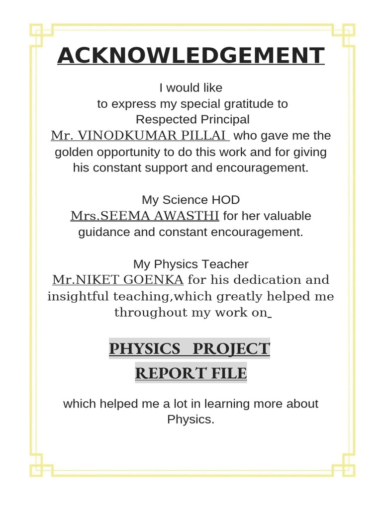 Acknowledgements for Physics Project Report | PDF
