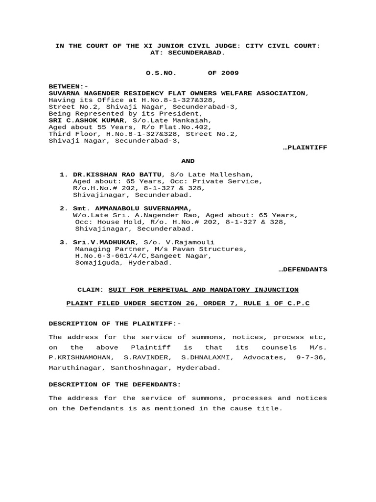 Secunderabad Flat Owners' Injunction Case | PDF | Lawsuit | Complaint