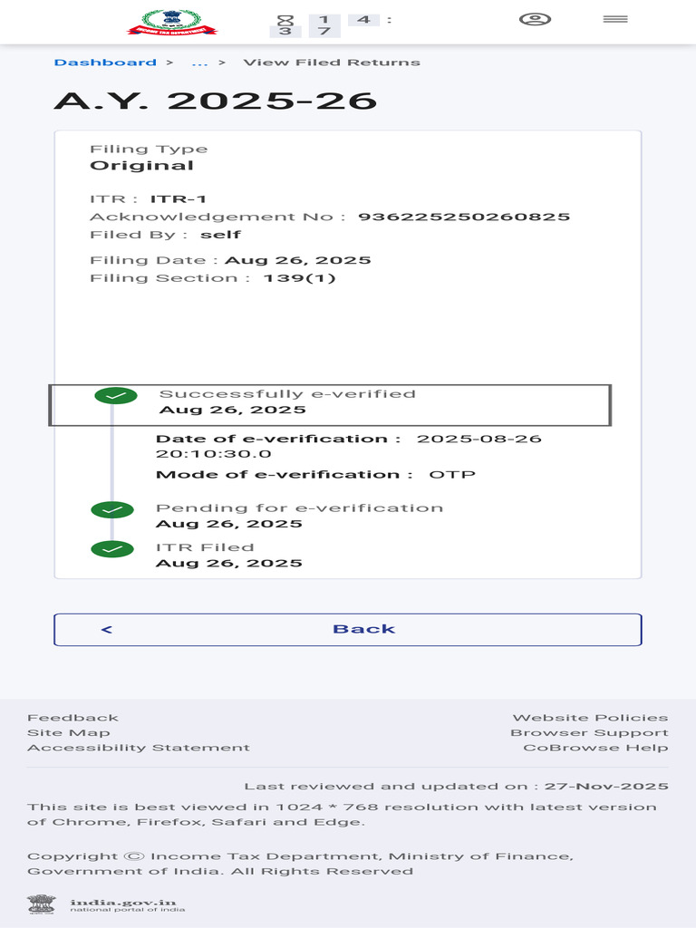 A.Y. 2025-26 ITR-1 Filing Status | PDF