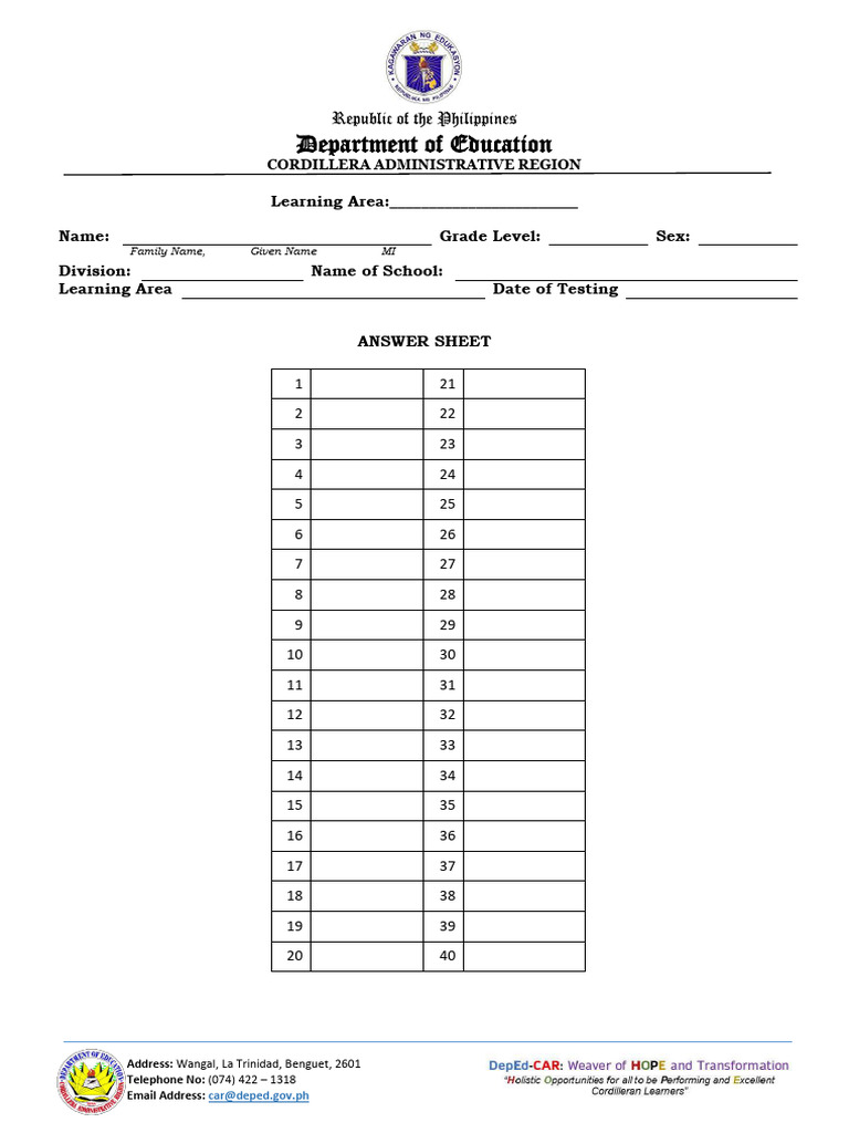 Philippine Education Answer Sheet Template | PDF