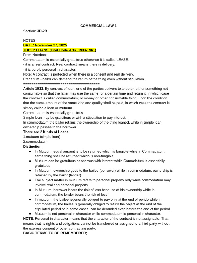 Understanding Commodatum and Loans | PDF | Mortgage Law | Interest